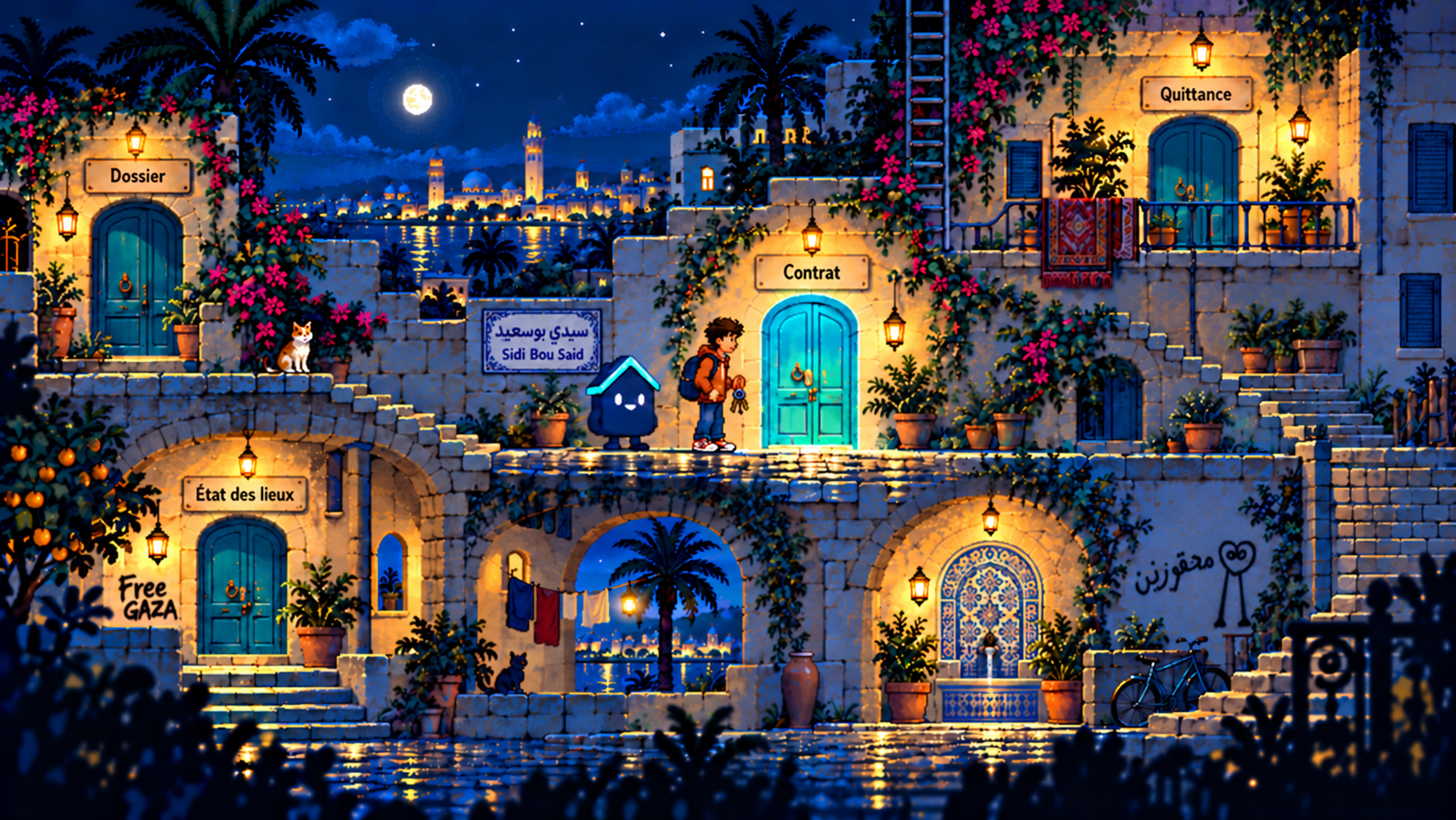 Quartier tunisien de nuit, portes turquoise, lanternes ambrées, personnage et petite mascotte maison.